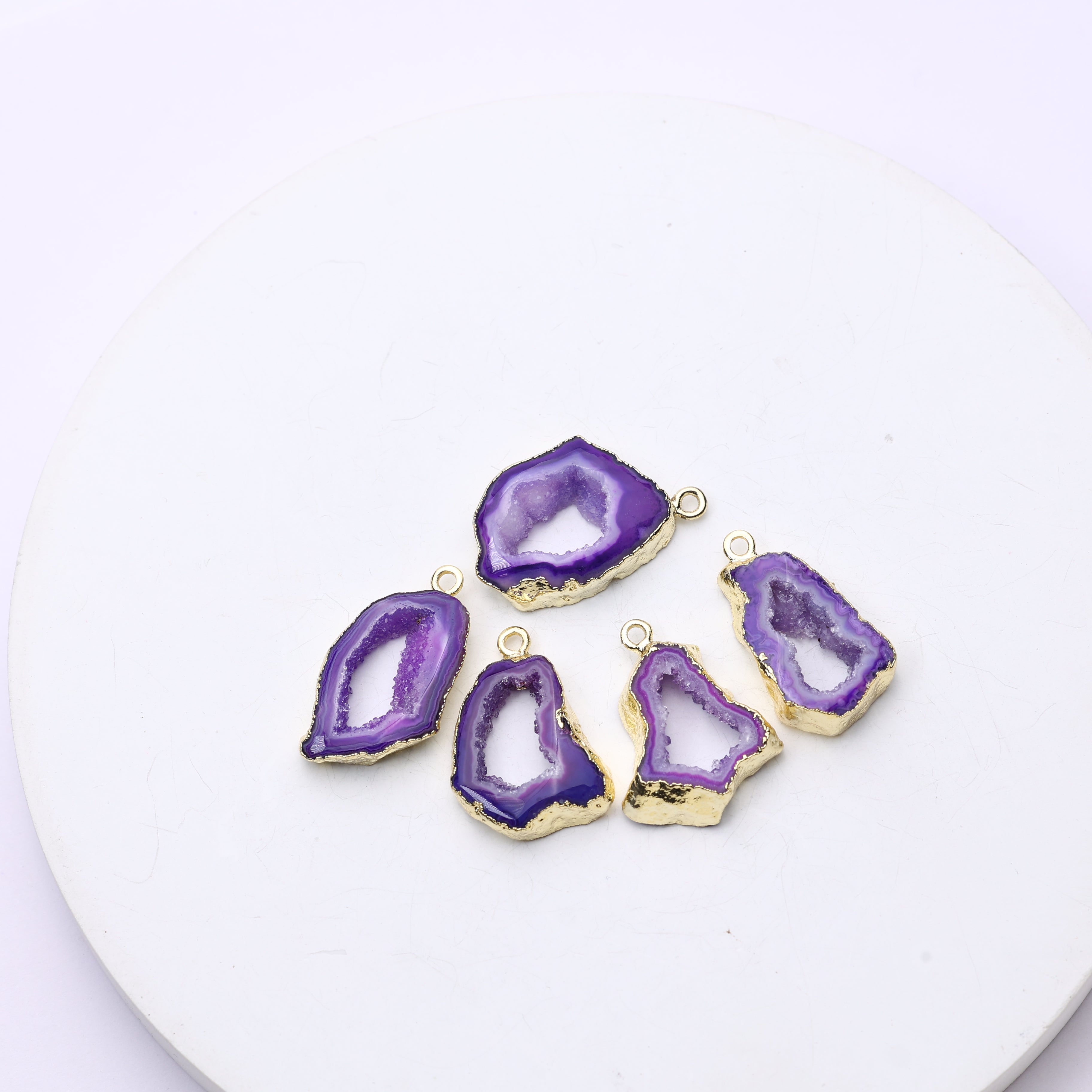 Unique geode slice charm with raw druzy center and connector loops for crafting
