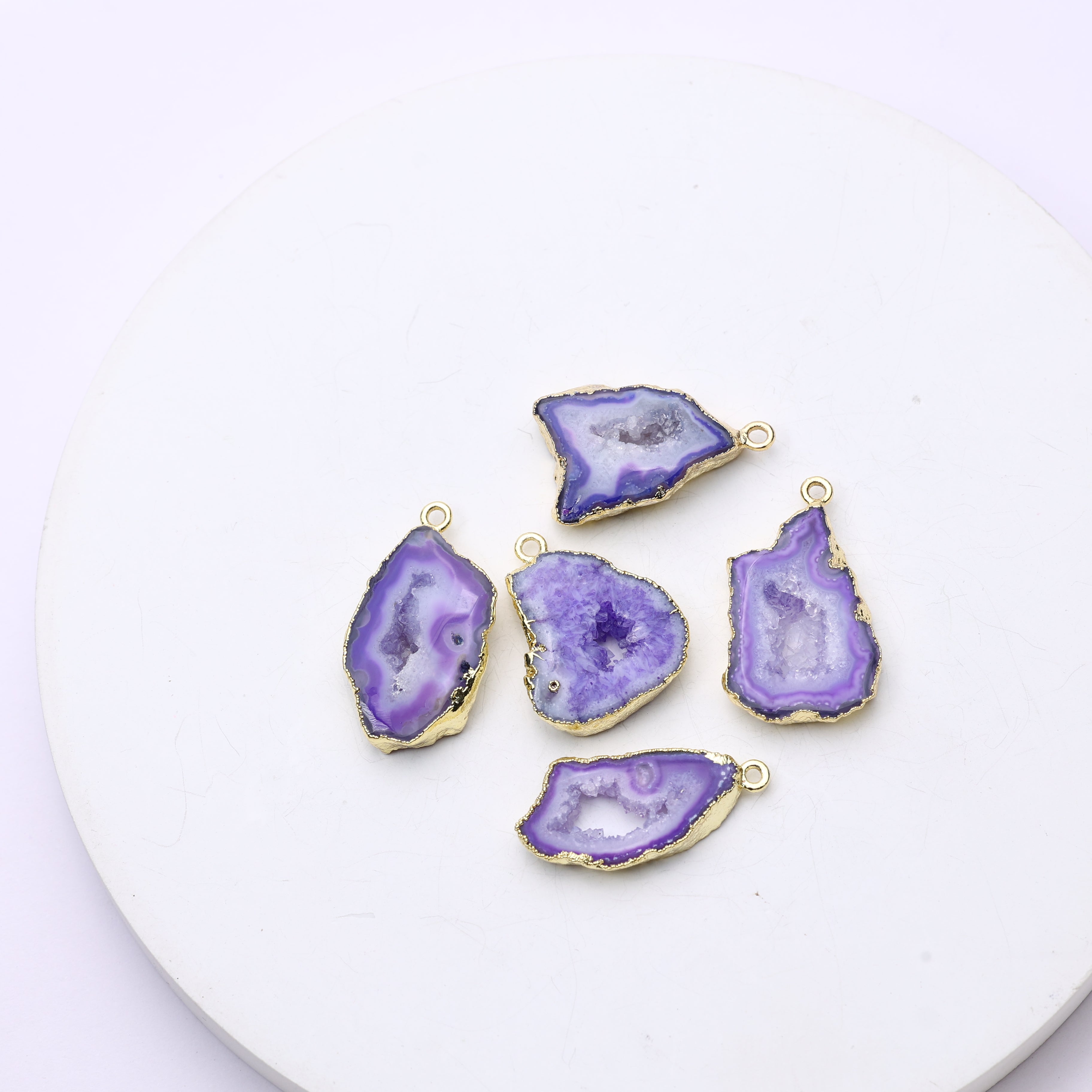 Geode slice connector with natural druzy crystal and gold-plated rim