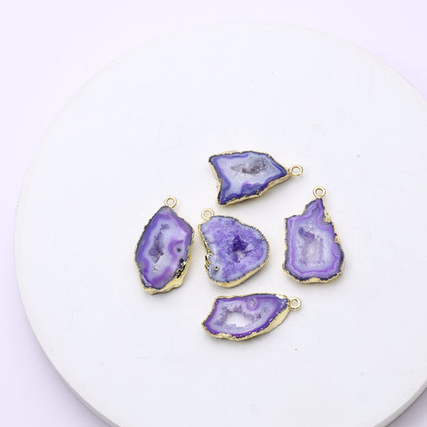 Geode slice connector with natural druzy crystal and gold-plated rim