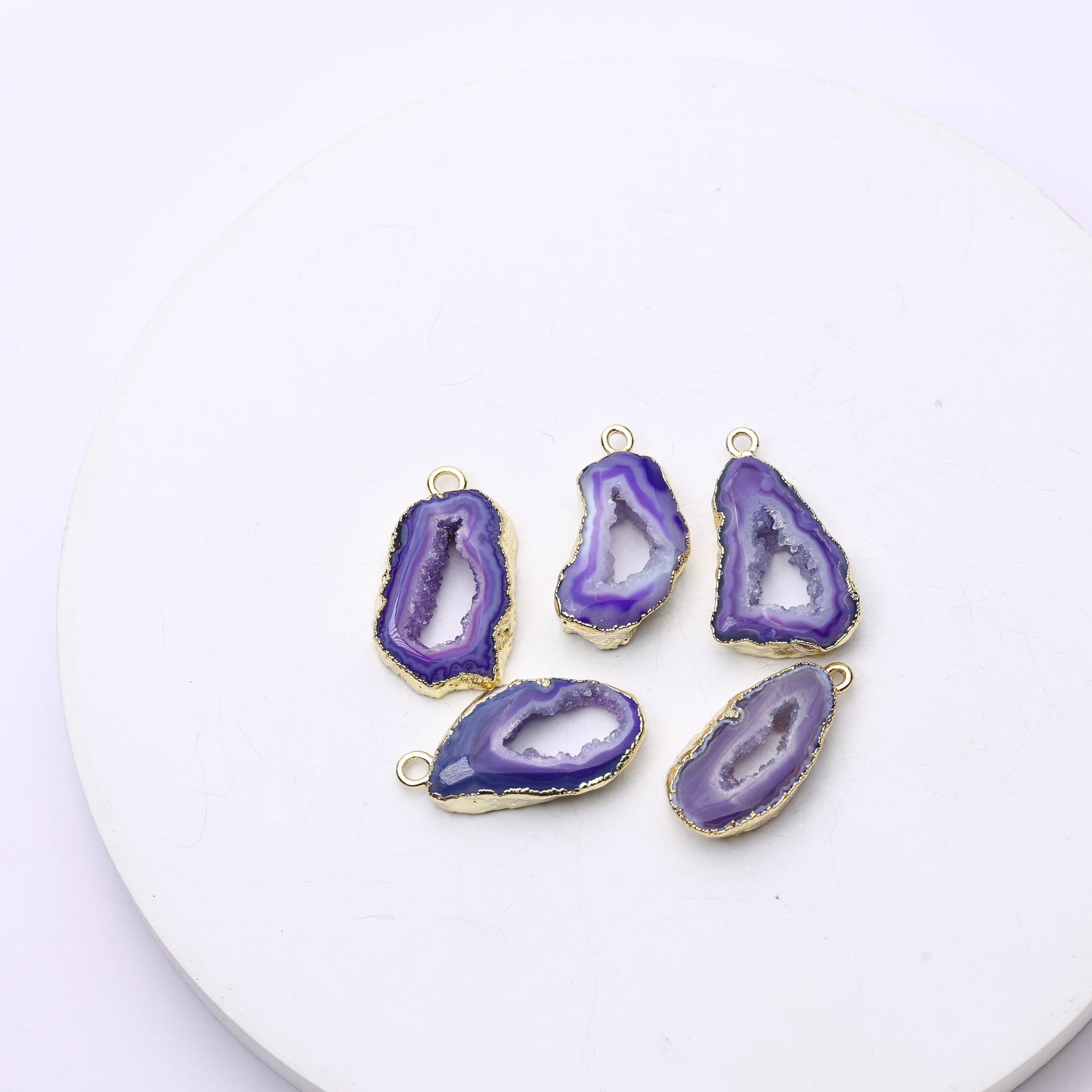 Long oval geode slice charm featuring raw druzy and metal connectors