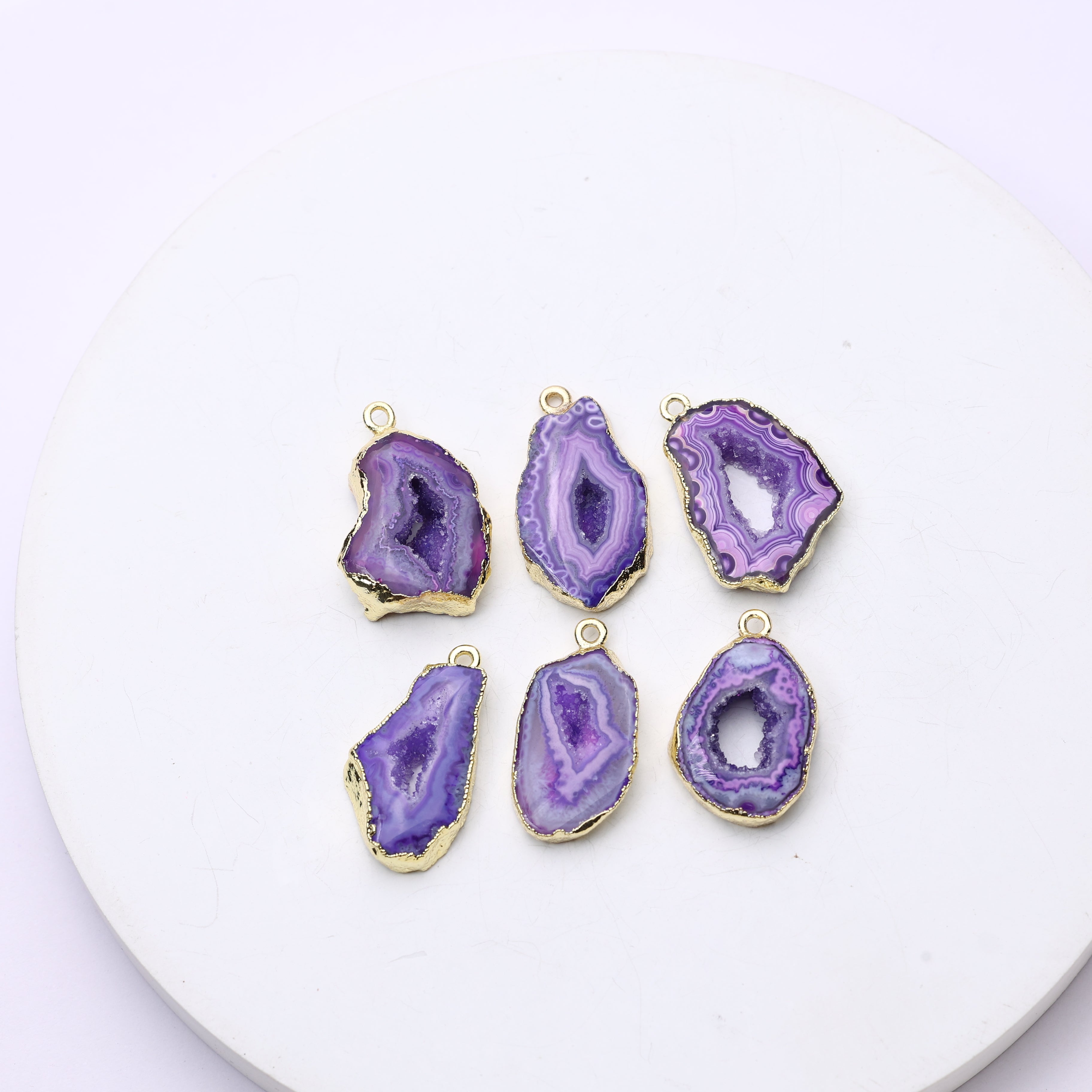 Geode slice gemstone connector with sparkling druzy interior and metal trim
