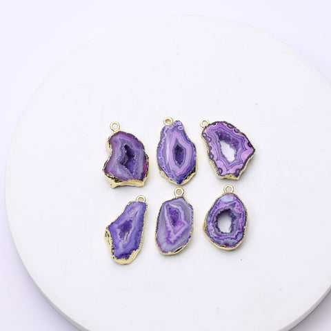 Geode slice gemstone connector with sparkling druzy interior and metal trim