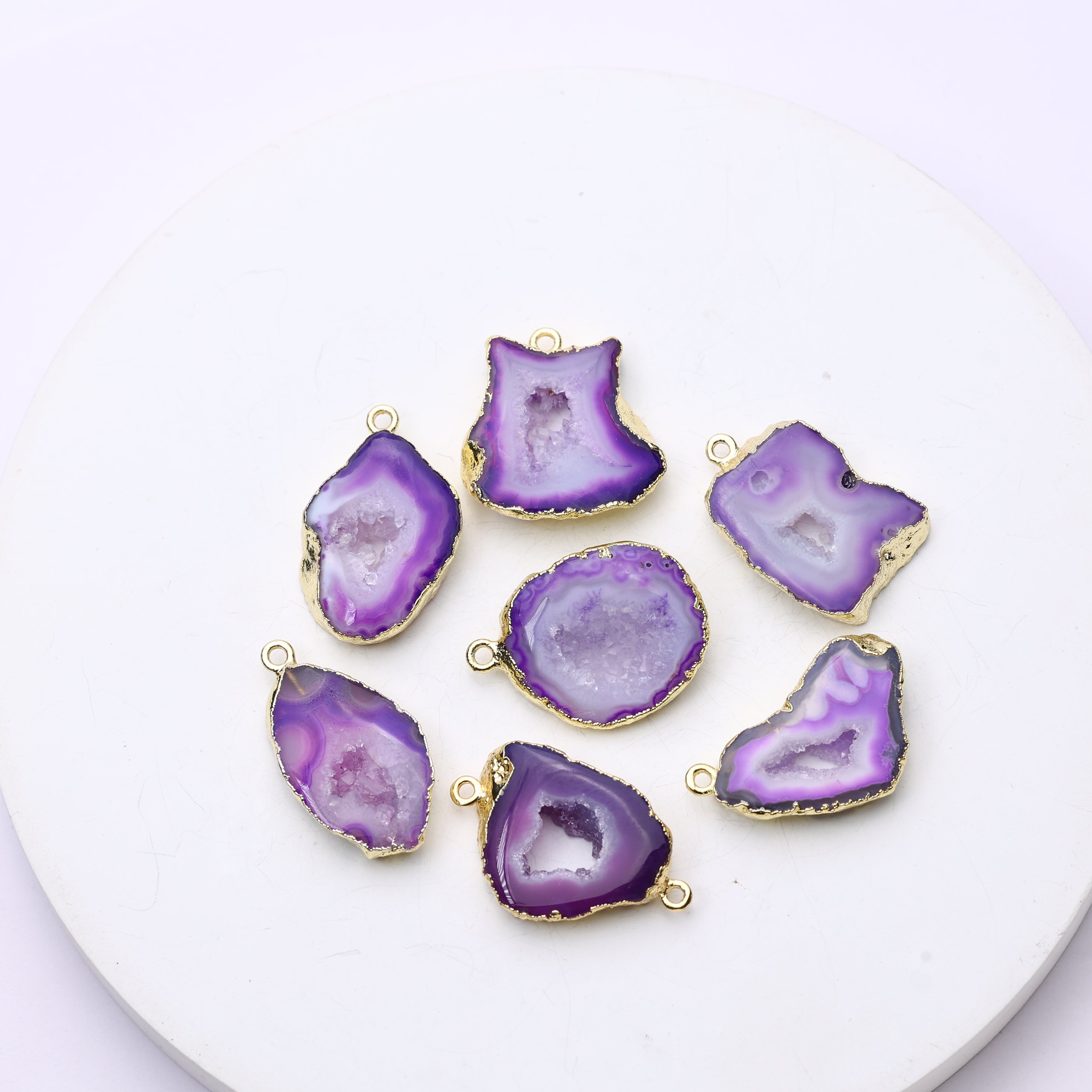 Hand-cut geode slice pendant with natural crystal druzy and gold edging