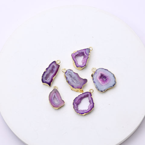 Natural agate geode slice connector featuring druzy sparkle and metal frame
