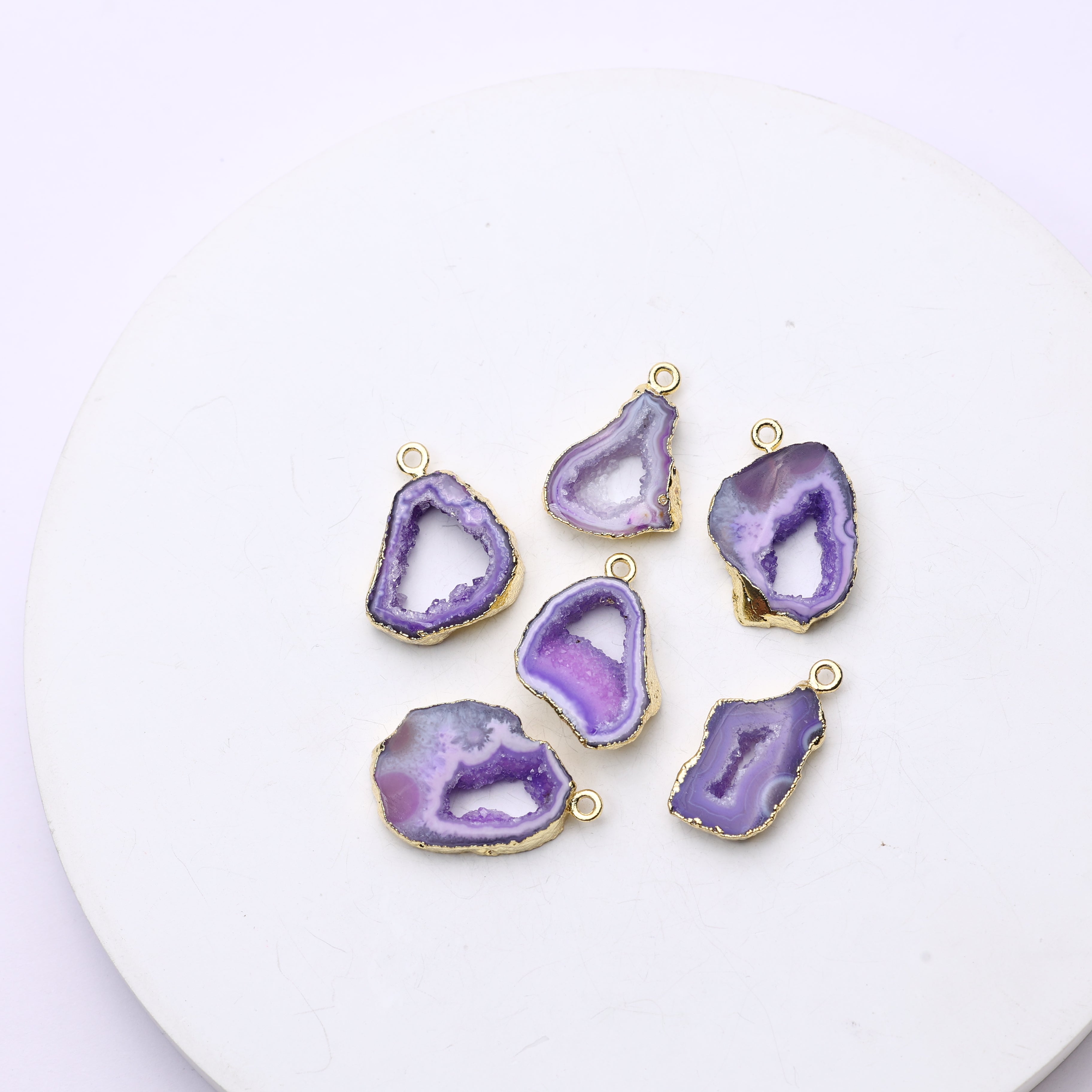 Irregular geode slice connector with crystal druzy and gold-plated outline