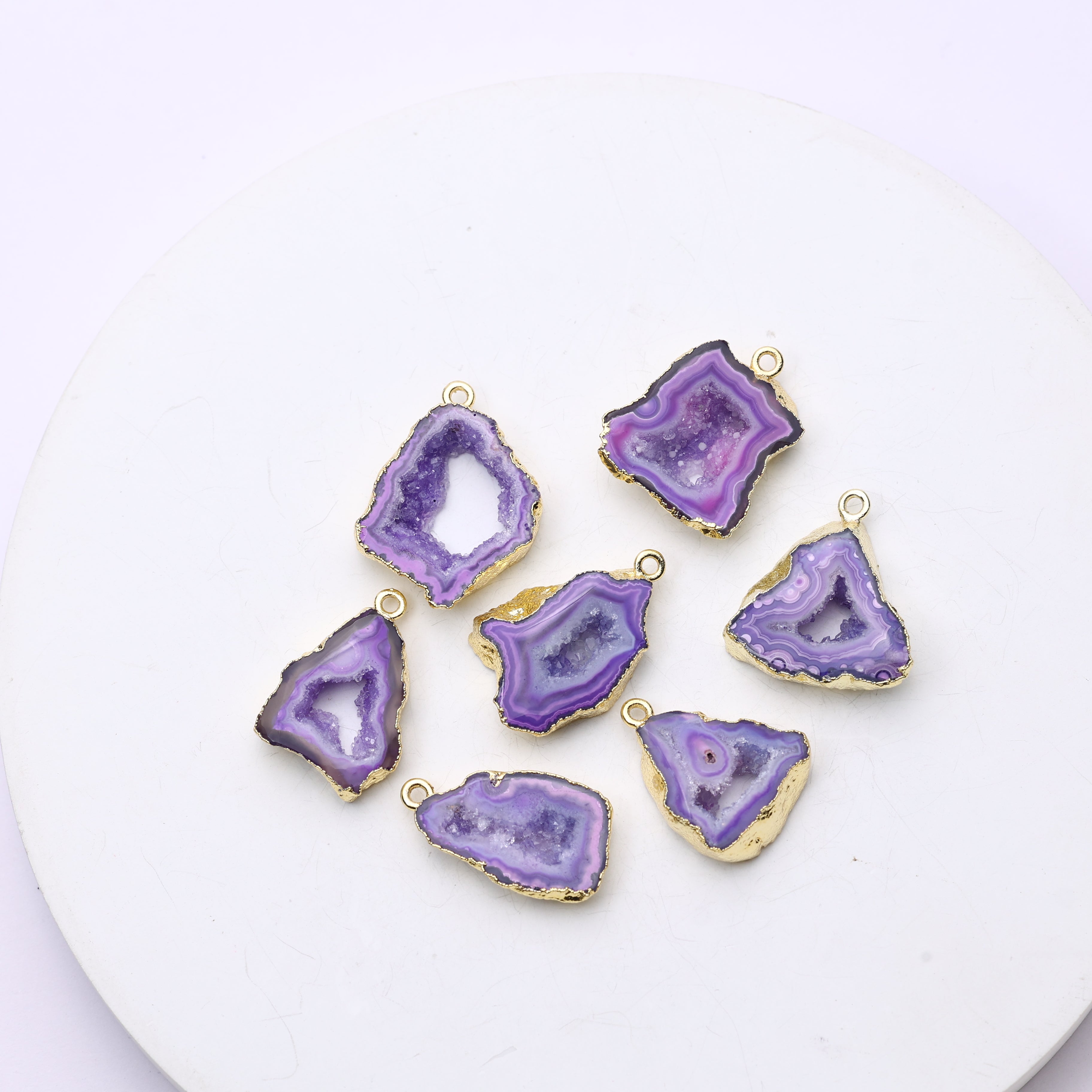 Natural geode slice connector with druzy crystal center and gold-plated edge