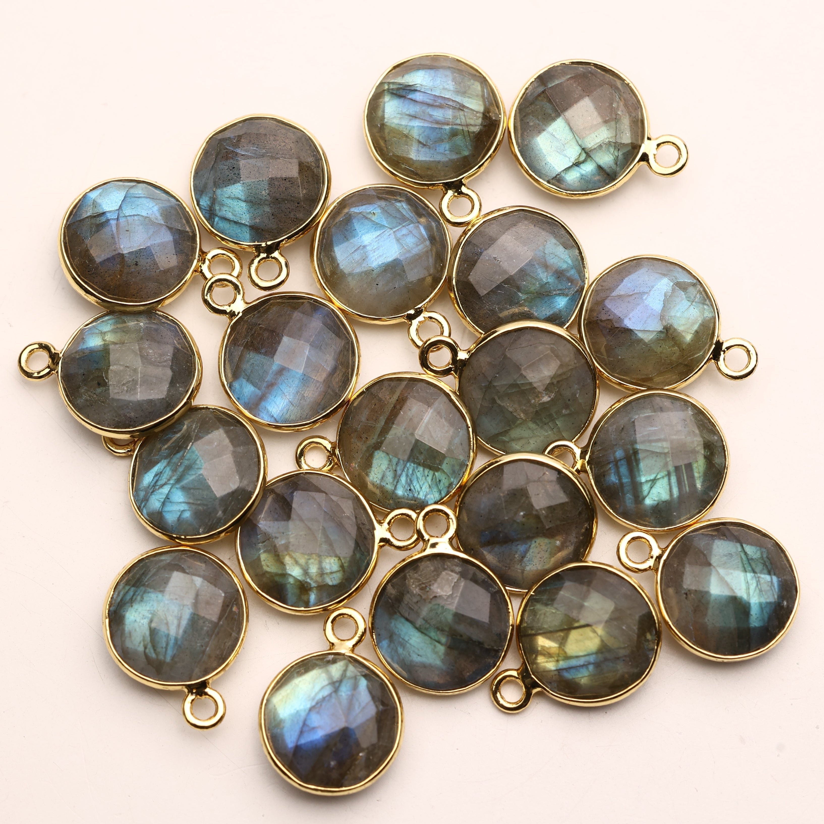 10mm Labradorite Round Faceted Charms – Gold-Plated Brass Gemstone Pendants My Store