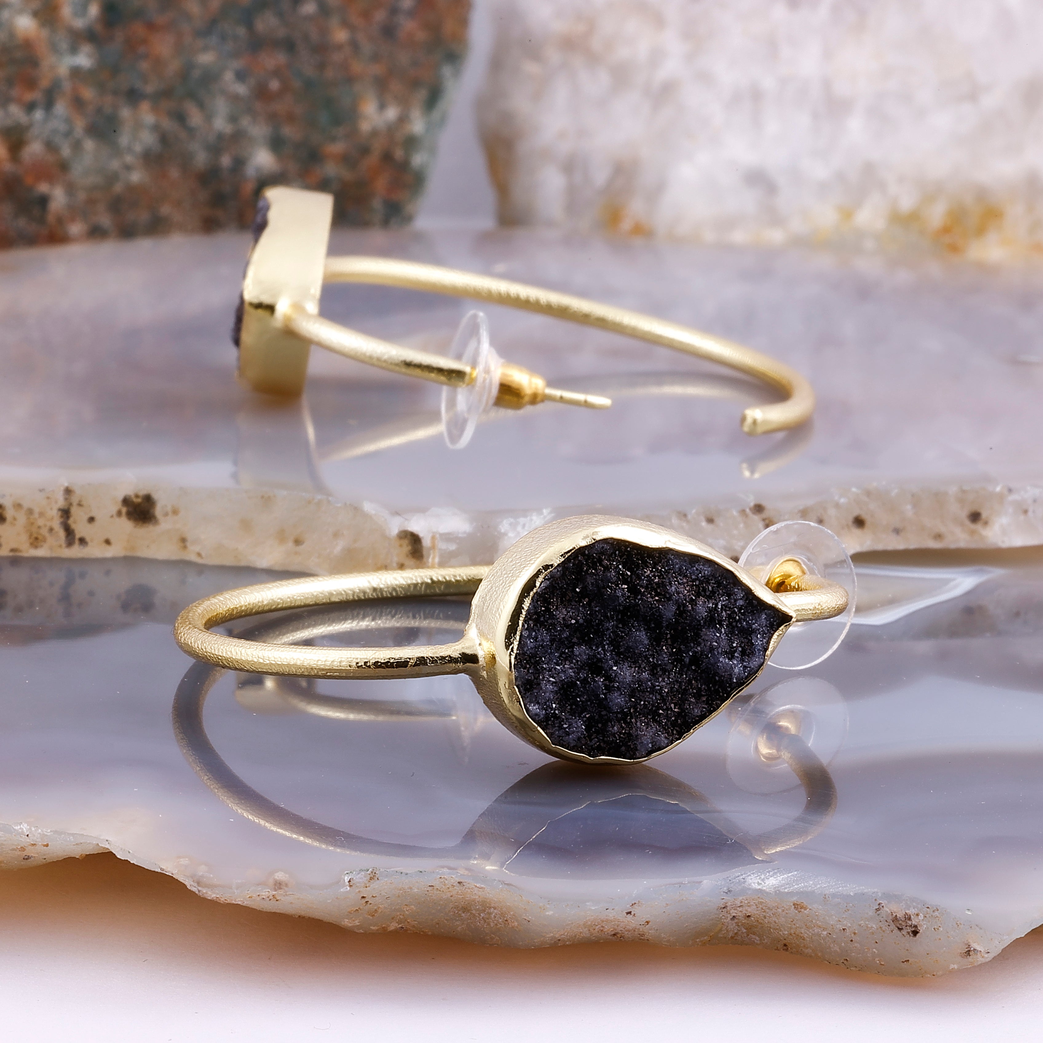 Gold-Plated Brass Hoop Earrings with Black Druzy Stone – Handmade Boho Statement Jewelry Meena Design