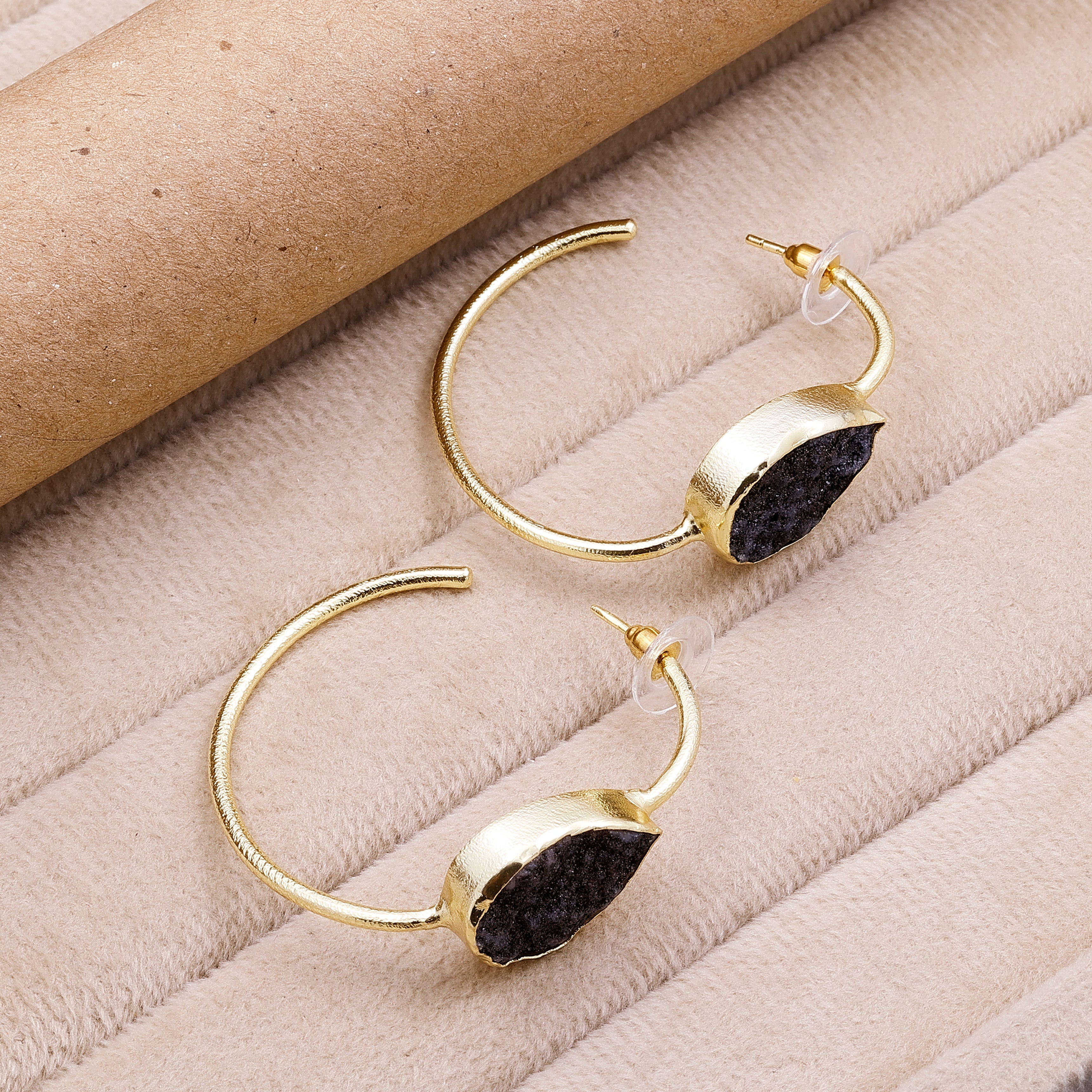 Gold-Plated Brass Hoop Earrings with Black Druzy Stone – Handmade Boho Statement Jewelry Meena Design