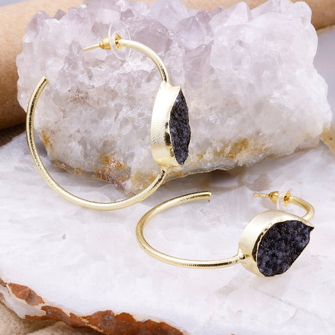 Gold-Plated Brass Hoop Earrings with Black Druzy Stone – Handmade Boho Statement Jewelry Meena Design