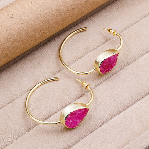 Gold-Plated Brass Hoop Earrings with Black Druzy Stone – Handmade Boho Statement Jewelry Meena Design