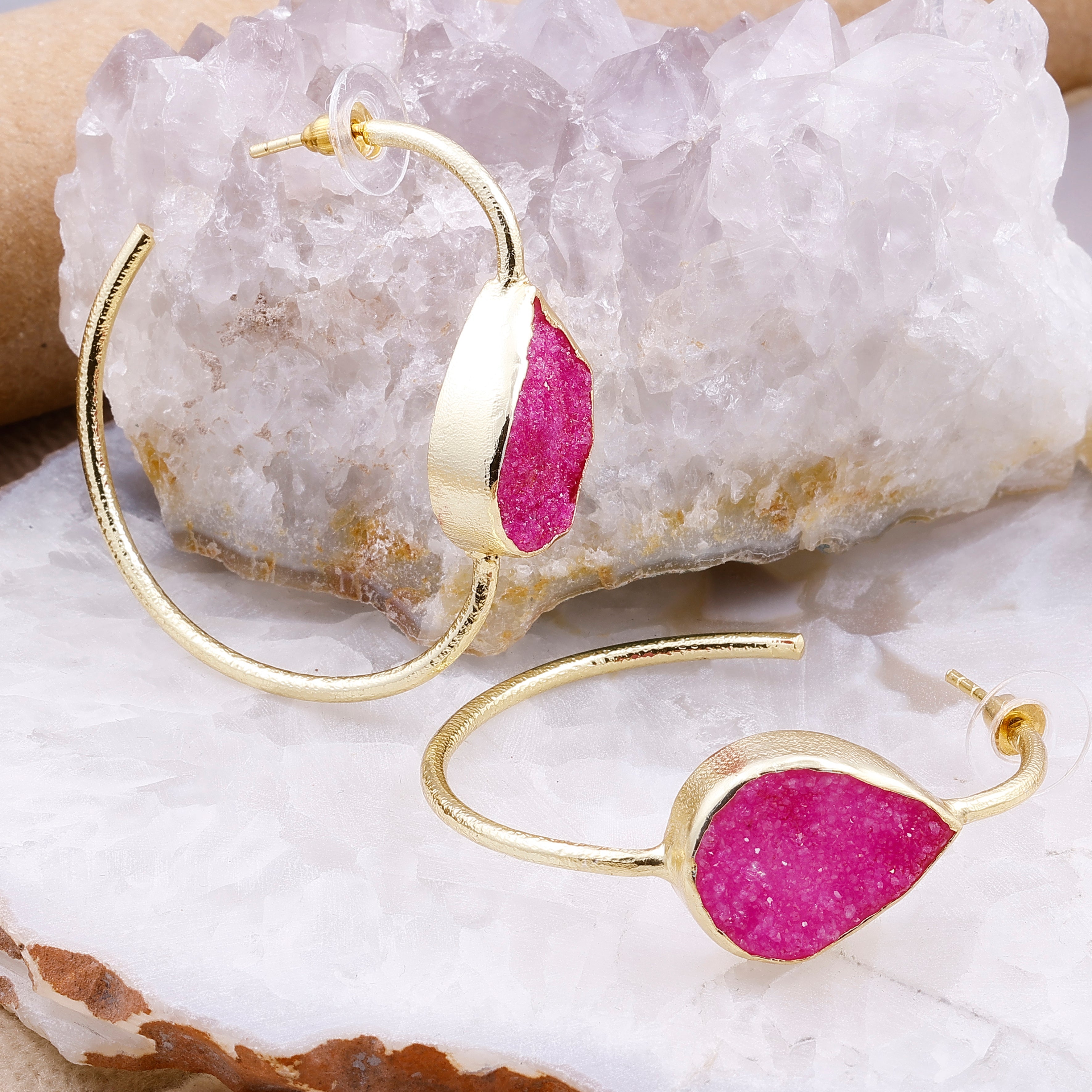 Gold-Plated Brass Hoop Earrings with Black Druzy Stone – Handmade Boho Statement Jewelry Meena Design