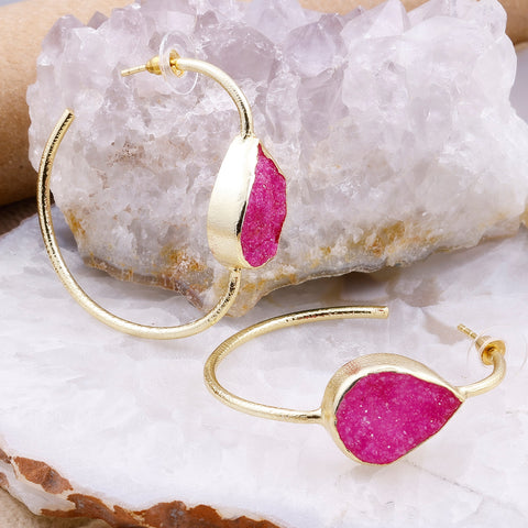 Gold-Plated Brass Hoop Earrings with Black Druzy Stone – Handmade Boho Statement Jewelry Meena Design