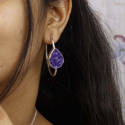 Gold-Plated Brass Hoop Earrings with Black Druzy Stone – Handmade Boho Statement Jewelry Meena Design