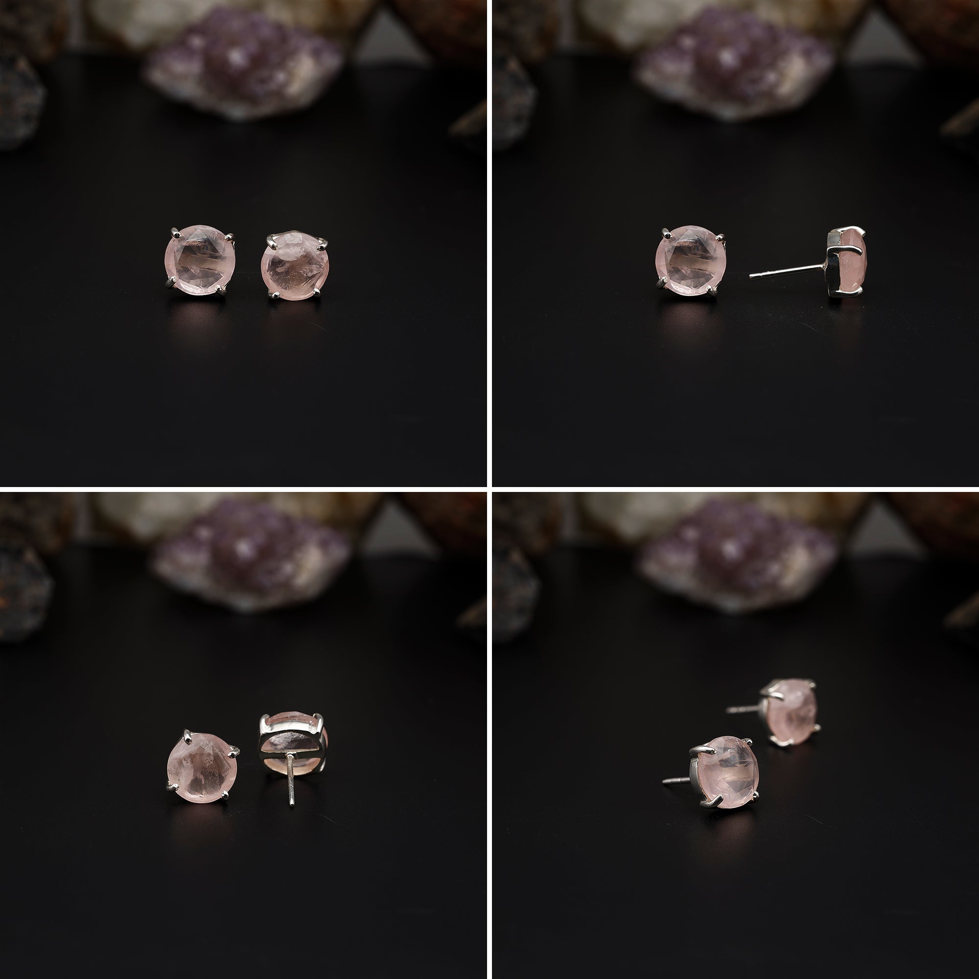Elegant Rose Quartz stud earrings featuring round rose-cut gemstones in a bezel setting. AAA quality, minimalist design perfect for women. My Store