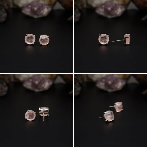 Elegant Rose Quartz stud earrings featuring round rose-cut gemstones in a bezel setting. AAA quality, minimalist design perfect for women. My Store