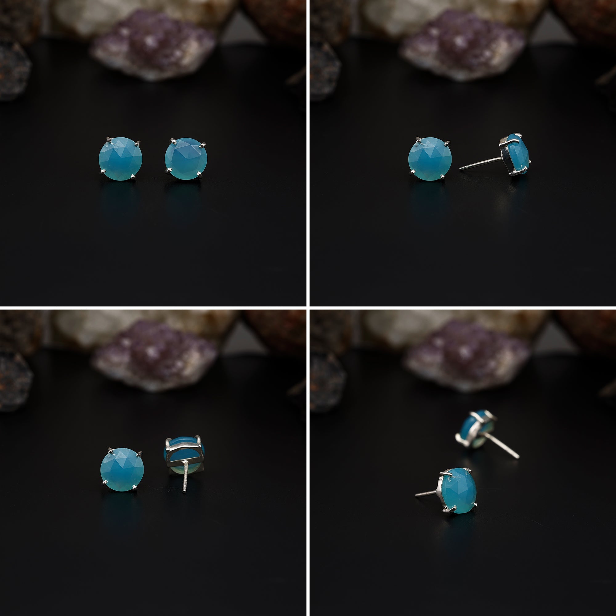 Elegant Rose Quartz stud earrings featuring round rose-cut gemstones in a bezel setting. AAA quality, minimalist design perfect for women. My Store