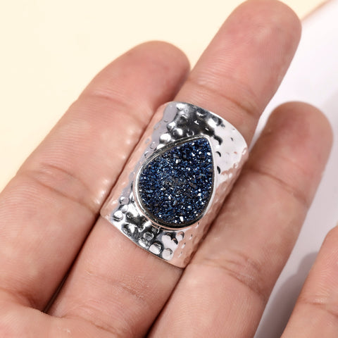 Handcrafted Titanium Blue Druzy Agate Ring – Unique Pear Gemstone, Adjustable My Store