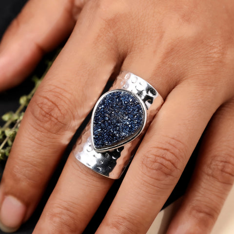 Handcrafted Titanium Blue Druzy Agate Ring – Unique Pear Gemstone, Adjustable My Store