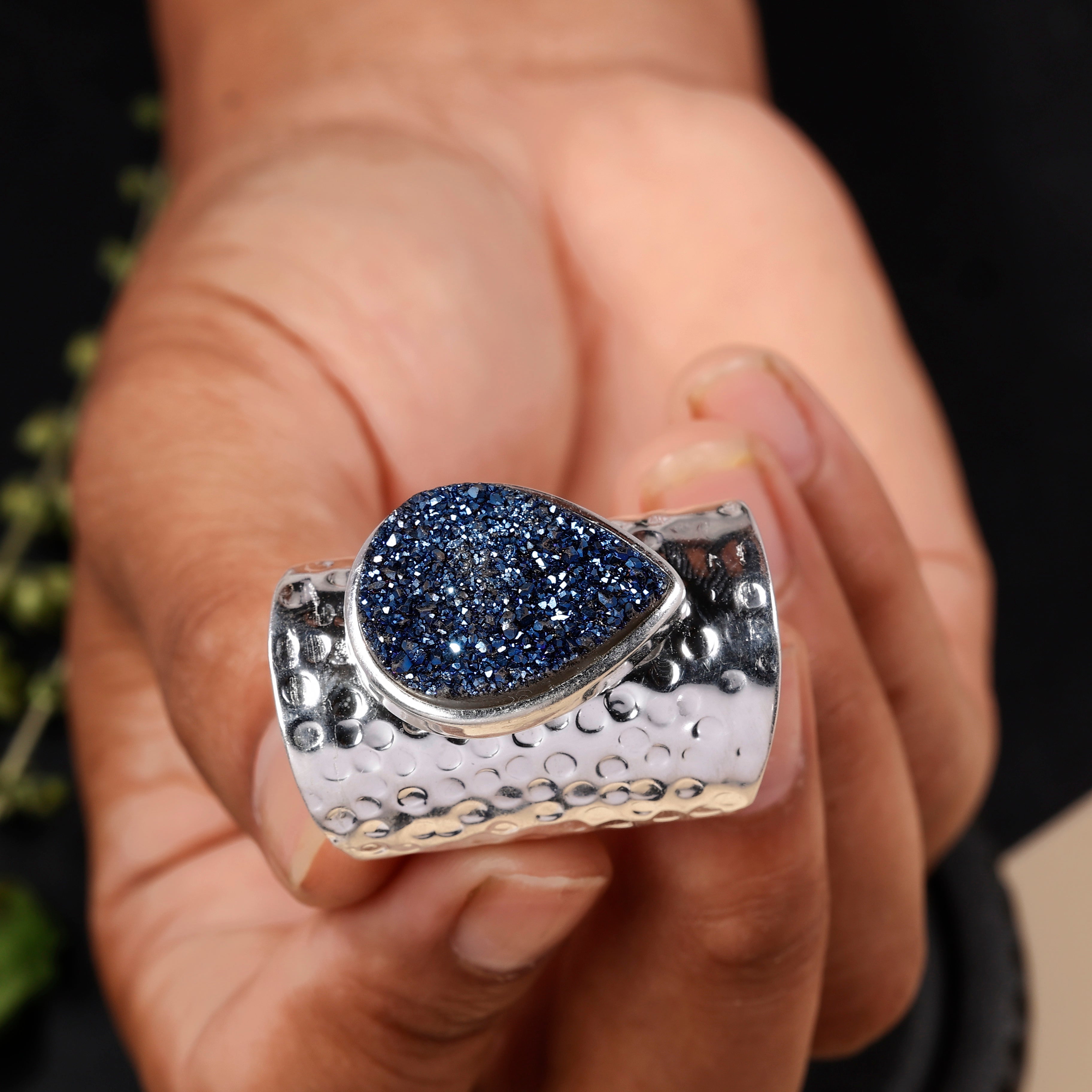Handcrafted Titanium Blue Druzy Agate Ring – Unique Pear Gemstone, Adjustable My Store