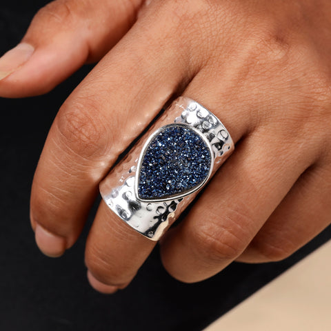 Handcrafted Titanium Blue Druzy Agate Ring – Unique Pear Gemstone, Adjustable My Store