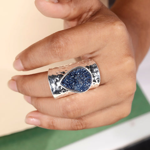Handcrafted Titanium Blue Druzy Agate Ring – Unique Pear Gemstone, Adjustable My Store