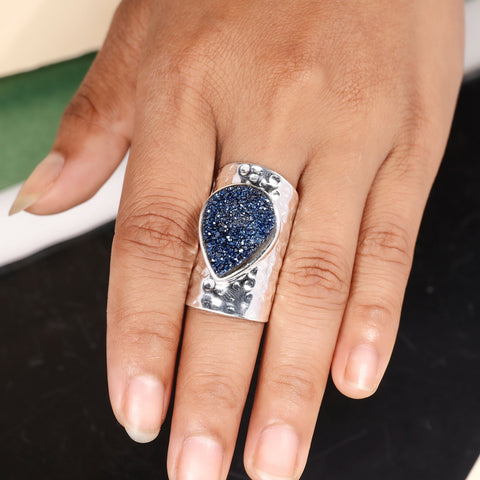 Handcrafted Titanium Blue Druzy Agate Ring – Unique Pear Gemstone, Adjustable My Store