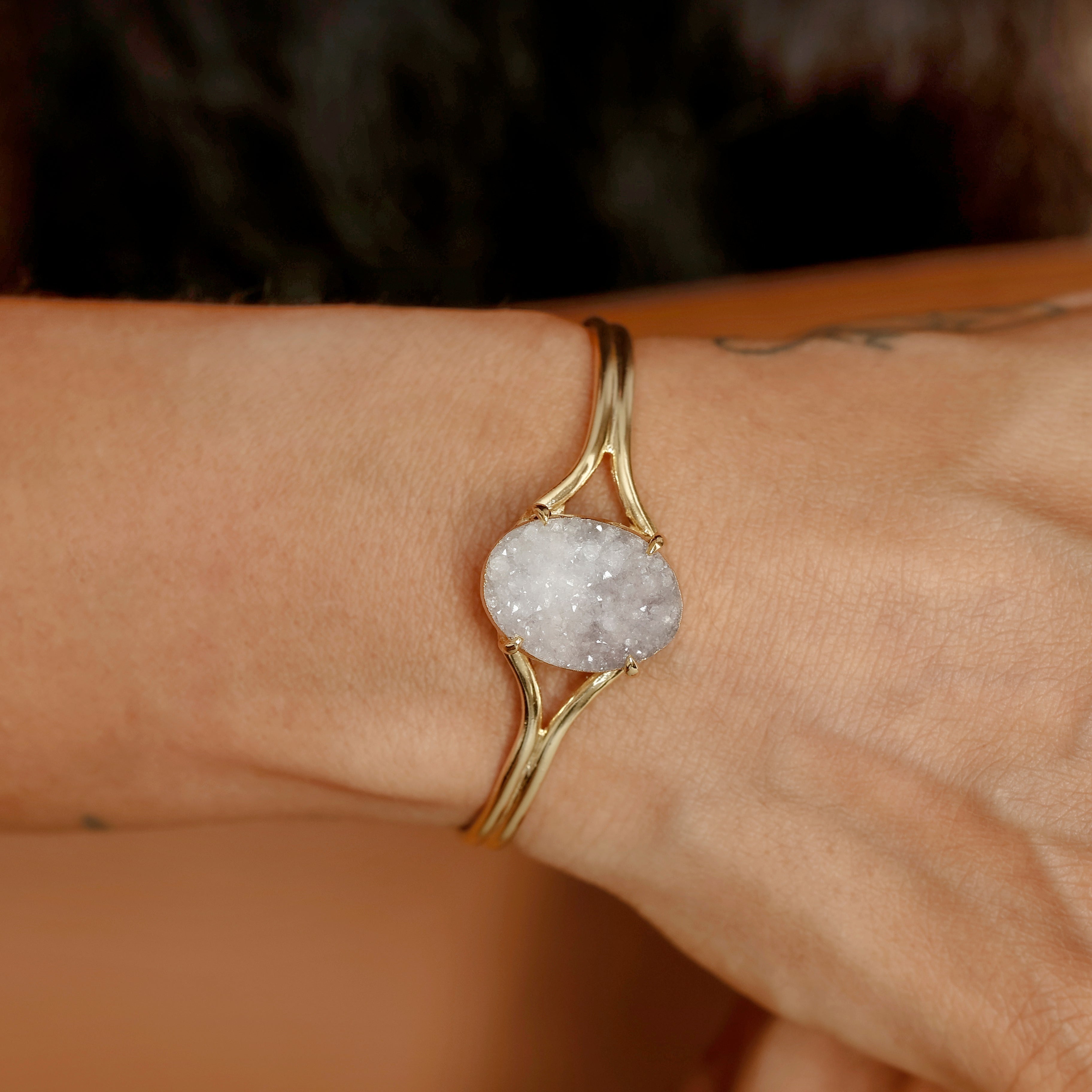 Natural White Druzy Crystal Bracelet | Handmade Gold Plated Statement Jewelry Meena Design