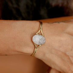 Natural White Druzy Crystal Bracelet | Handmade Gold Plated Statement Jewelry Meena Design