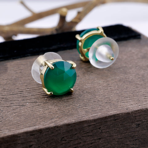 Green Chalcedony Stud Earrings – Brass Gold-Plated Minimal Gemstone Studs My Store