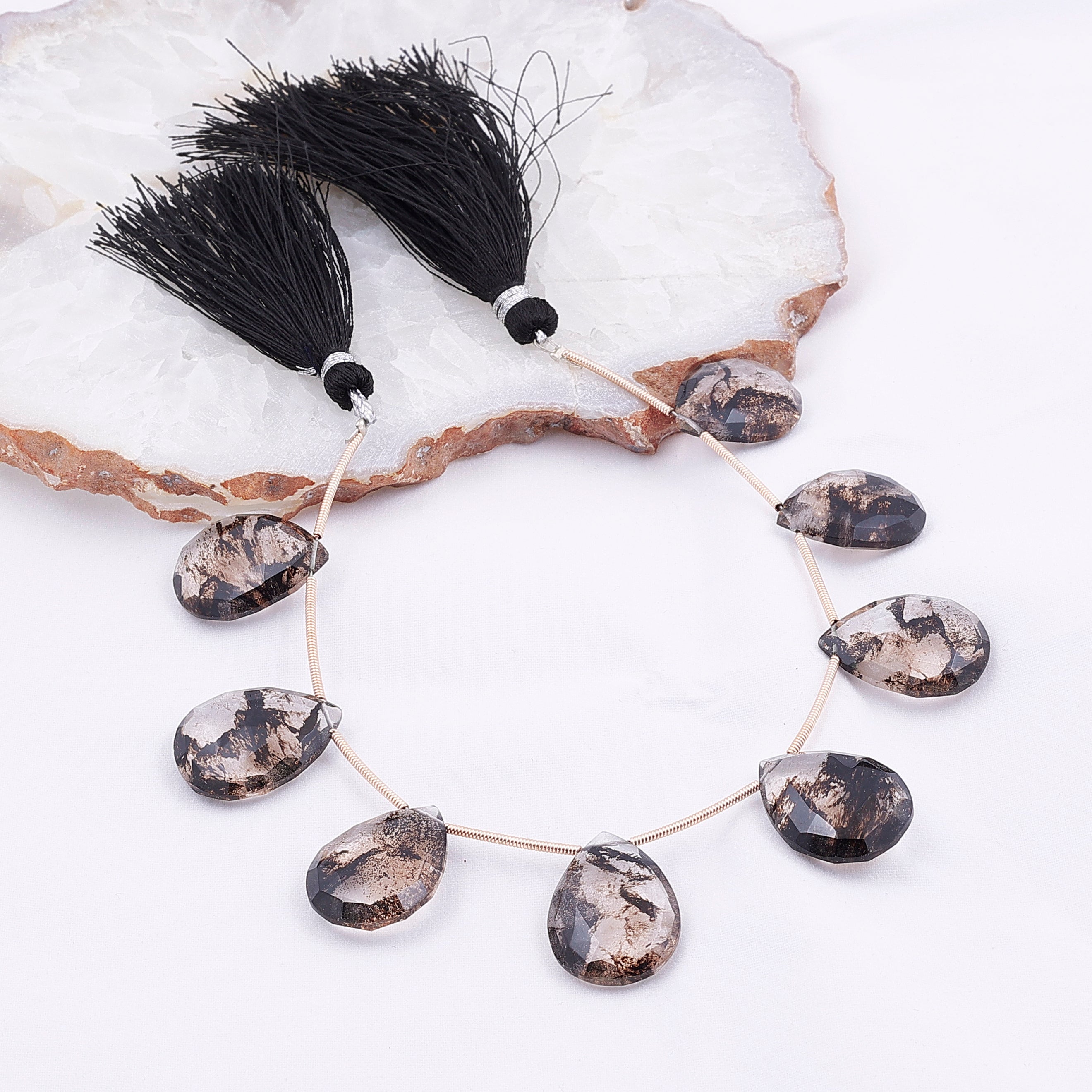 Faceted Black Rutilated Quartz Teardrop Beads Strand with Black Tassel – Gemstone Drops for Jewelry Making My Store