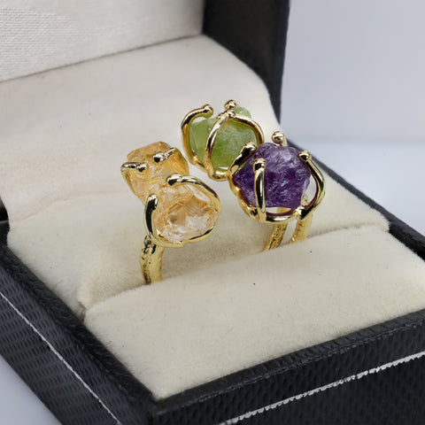 Boho-style gold ring with natural uncut amethyst and multicolor crystals.