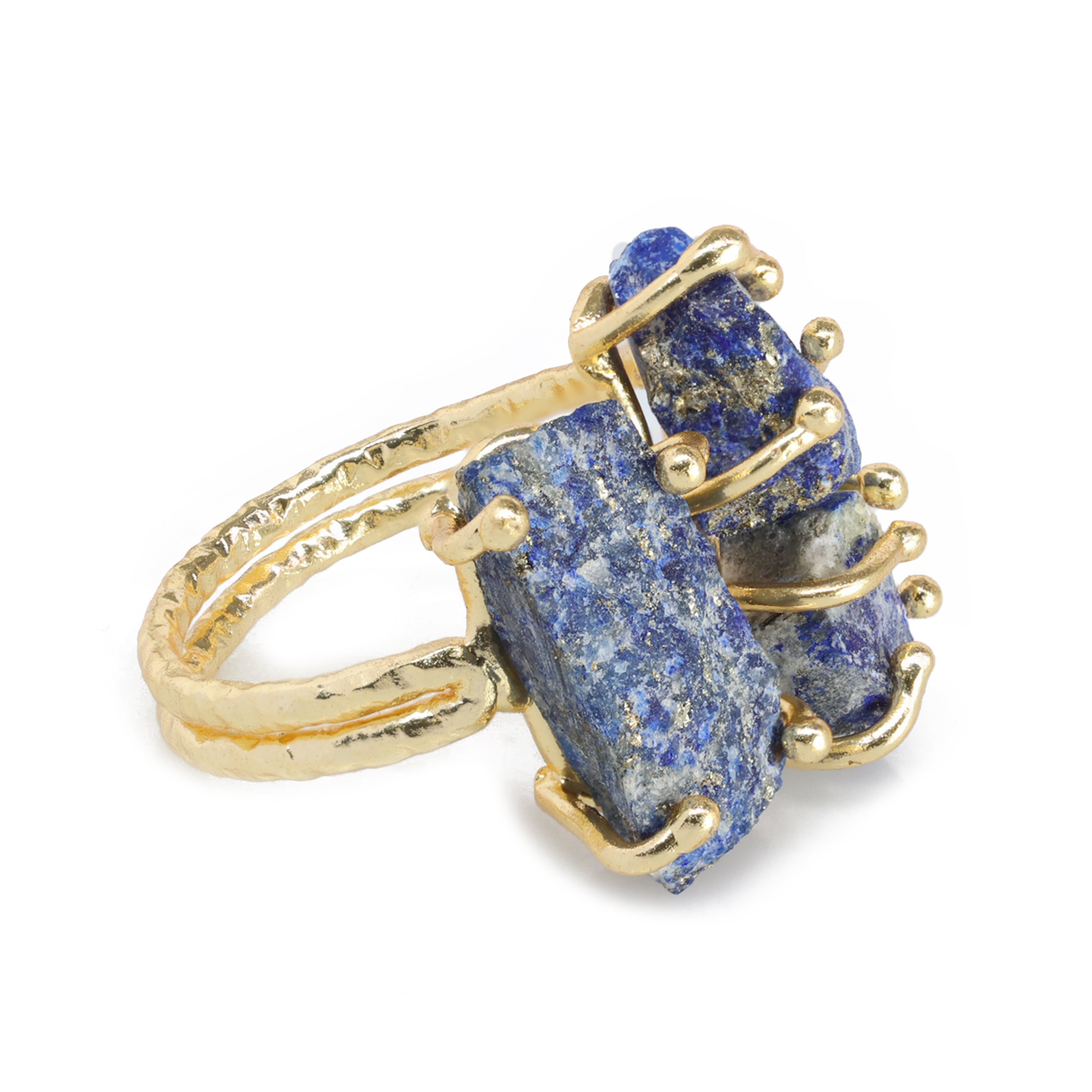 Gold textured ring with raw-cut purple amethyst and multicolor stones.