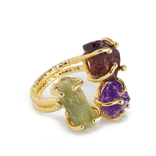 Gold-plated handcrafted ring with raw amethyst, green stone, and red crystal.