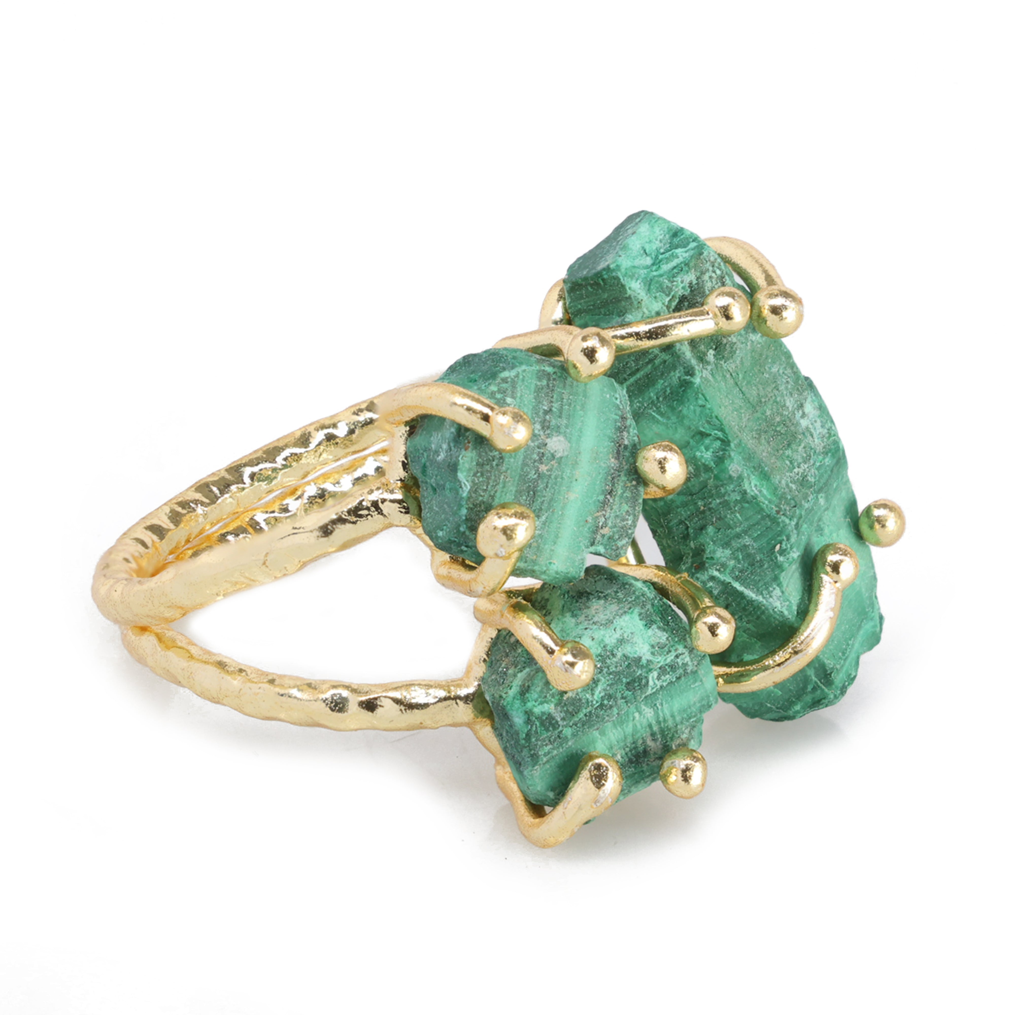 Bohemian gemstone ring featuring raw red, green, and purple crystals