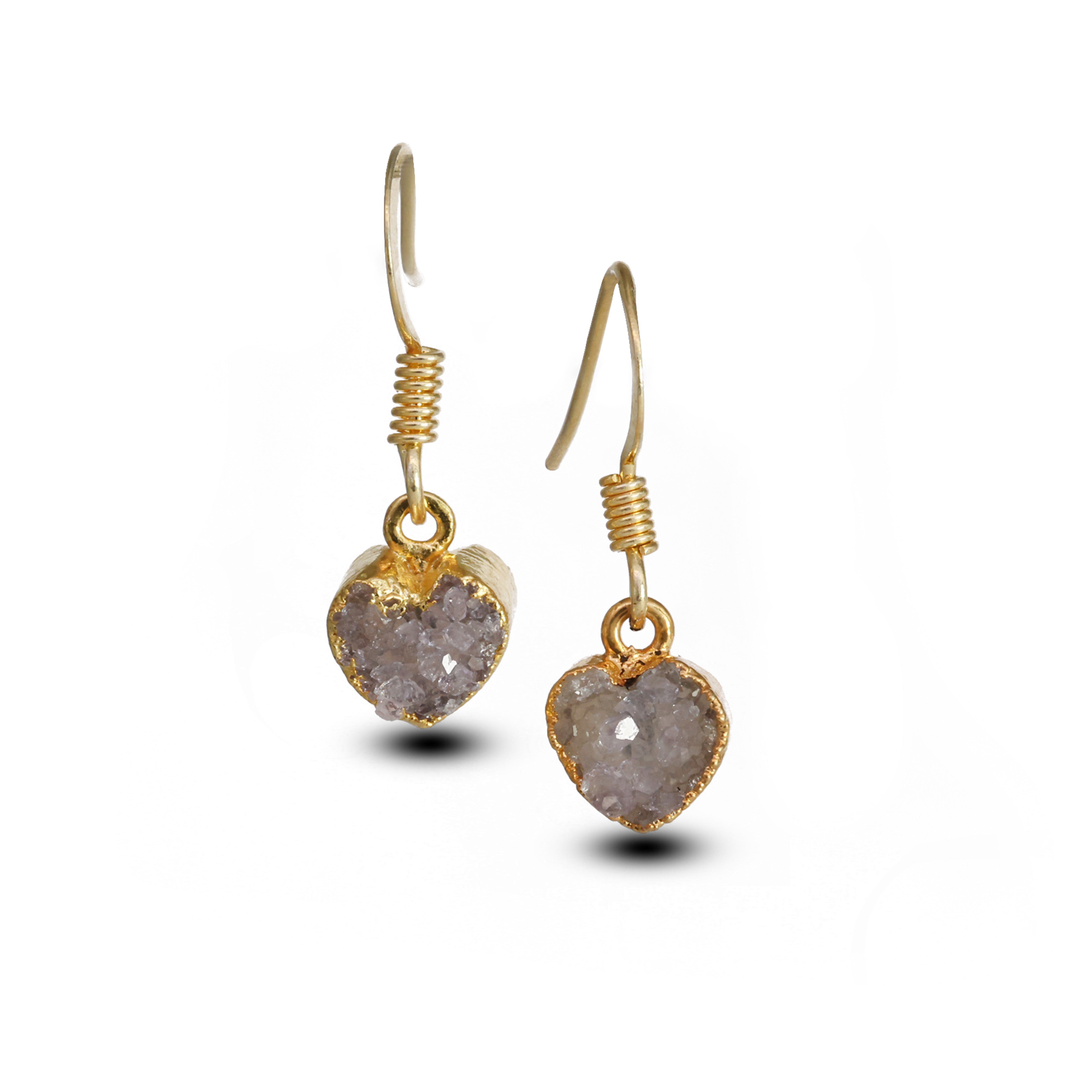 Romantic gold-tone dangle earrings featuring heart-shaped druzy quartz for special occasions