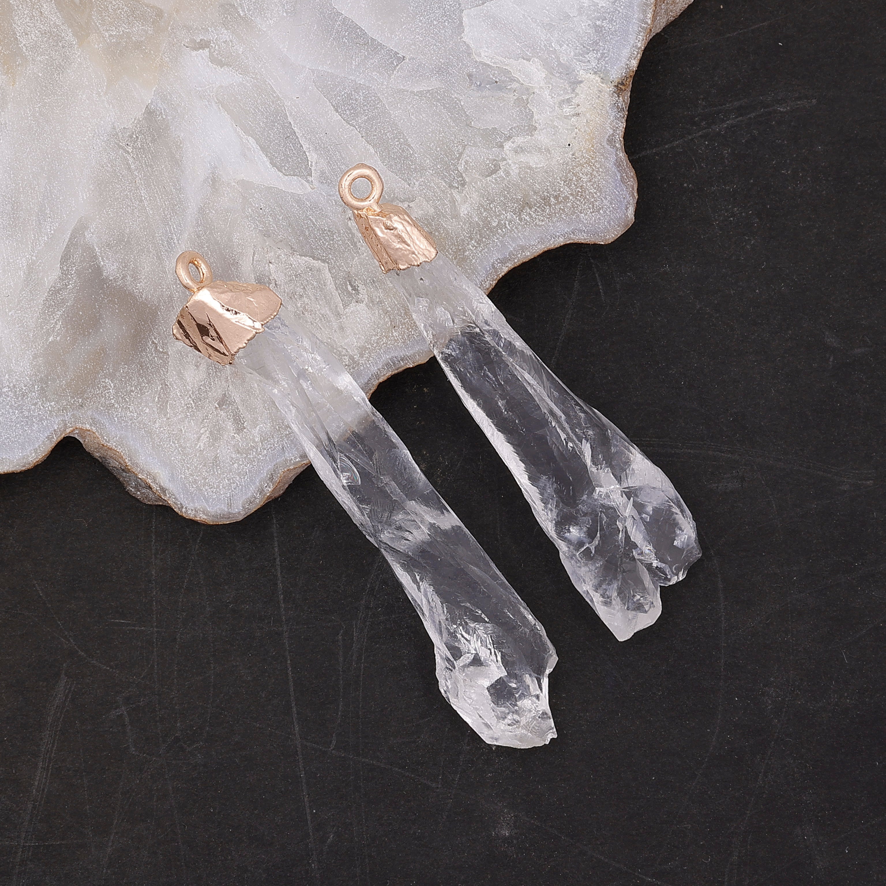 Natural Clear Quartz Crystal Point Pendant | Raw Stone Gold Plated Healing Jewelry Meena Design