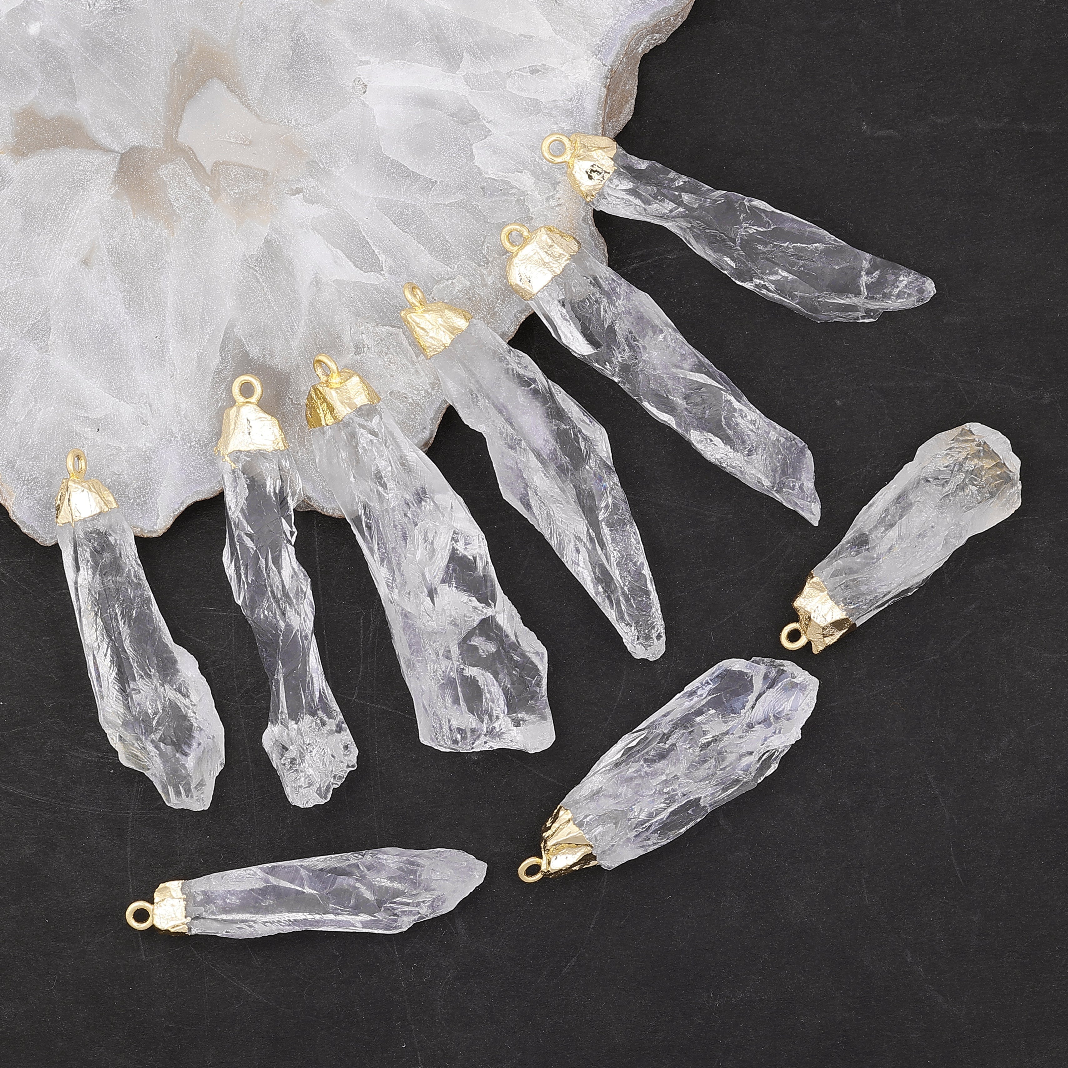 Natural Clear Quartz Crystal Point Pendant | Raw Stone Gold Plated Healing Jewelry Meena Design