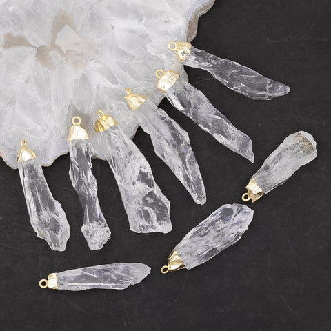 Natural Clear Quartz Crystal Point Pendant | Raw Stone Gold Plated Healing Jewelry Meena Design