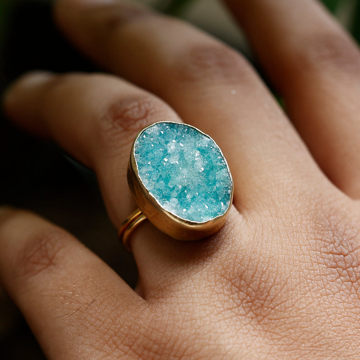 Agate Druzy Crystal Statement Ring – Gold Plated Adjustable Handmade Jewelry Meena Design
