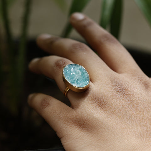 Agate Druzy Crystal Statement Ring – Gold Plated Adjustable Handmade Jewelry Meena Design