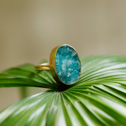 Agate Druzy Crystal Statement Ring – Gold Plated Adjustable Handmade Jewelry Meena Design