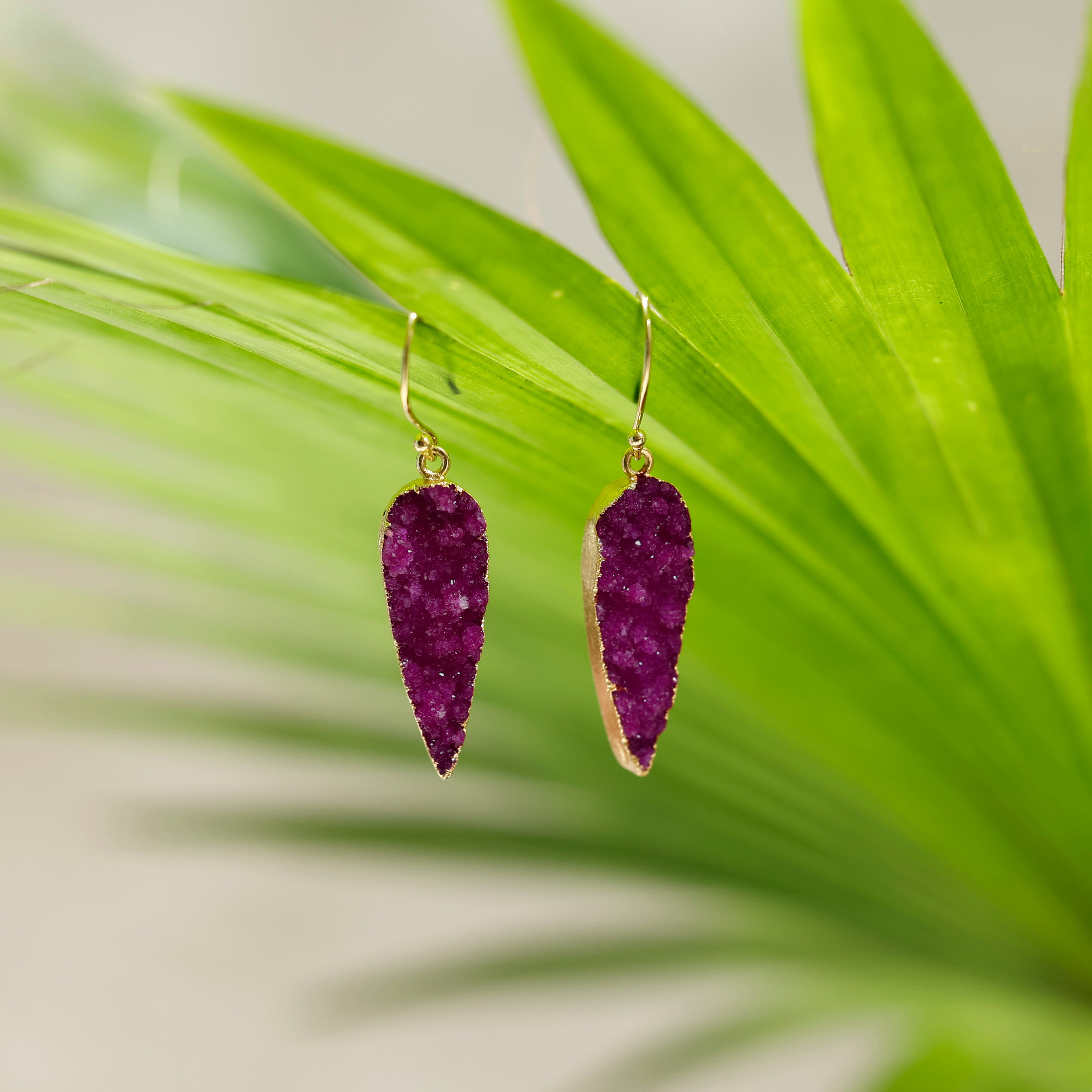 Natural Pink Druzy Stone Drop Earrings | Handmade Gold Plated Boho Jewelry for Women Meena Design