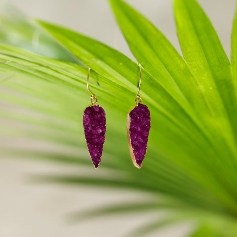 Natural Pink Druzy Stone Drop Earrings | Handmade Gold Plated Boho Jewelry for Women Meena Design
