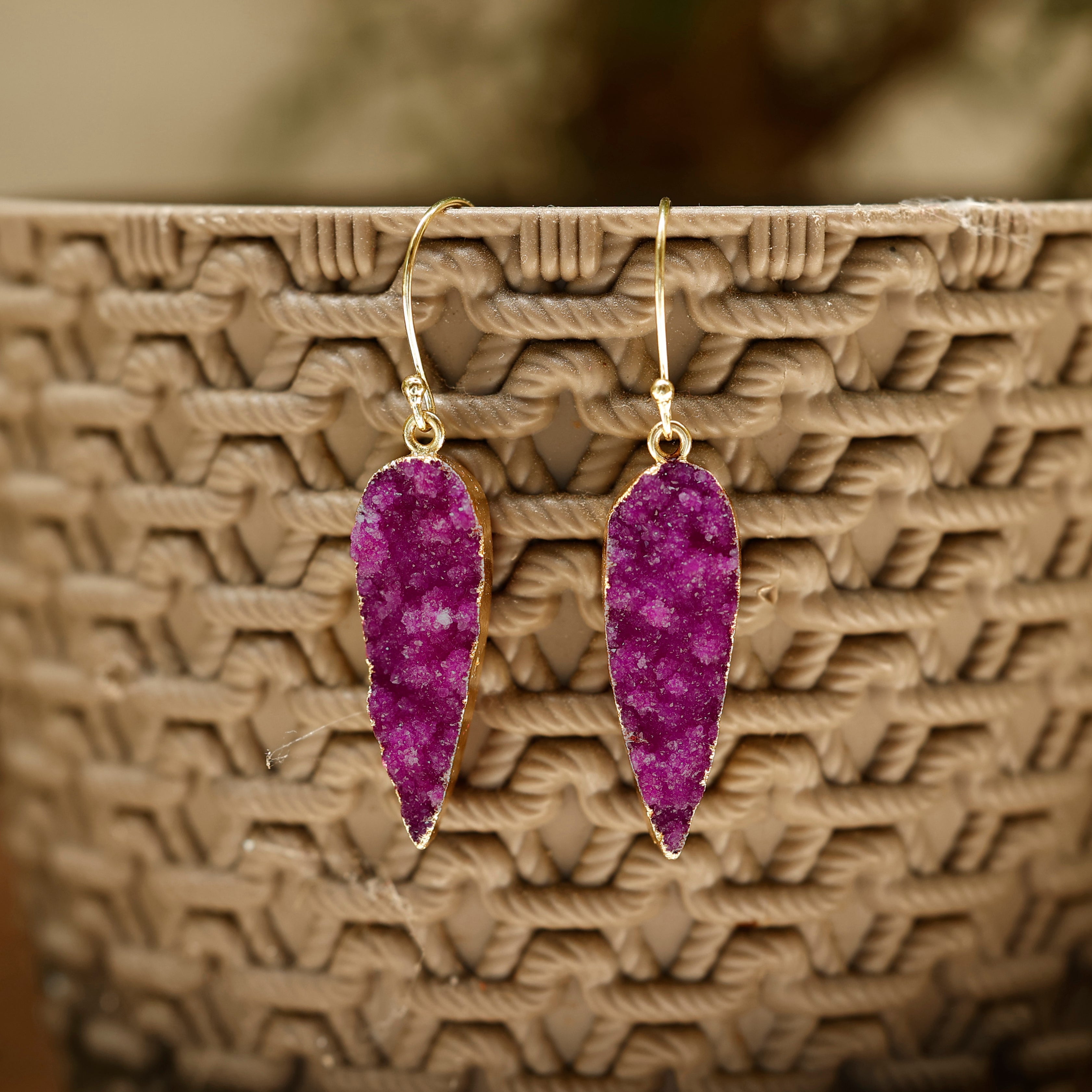 Natural Pink Druzy Stone Drop Earrings | Handmade Gold Plated Boho Jewelry for Women Meena Design