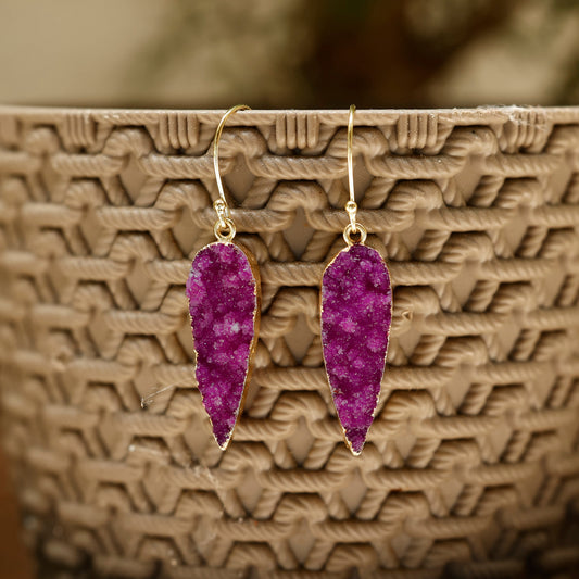 Natural Pink Druzy Stone Drop Earrings | Handmade Gold Plated Boho Jewelry for Women Meena Design