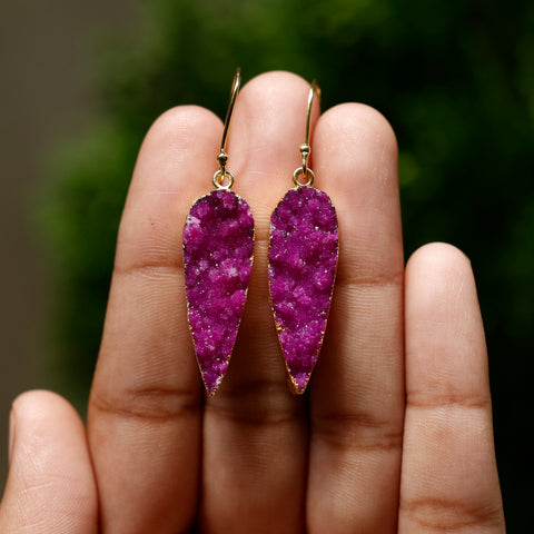 Natural Pink Druzy Stone Drop Earrings | Handmade Gold Plated Boho Jewelry for Women Meena Design