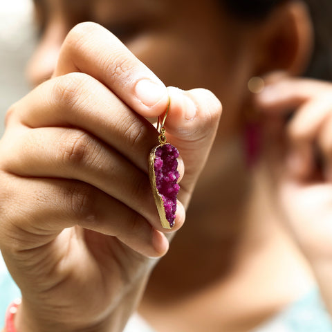 Natural Pink Druzy Stone Drop Earrings | Handmade Gold Plated Boho Jewelry for Women Meena Design