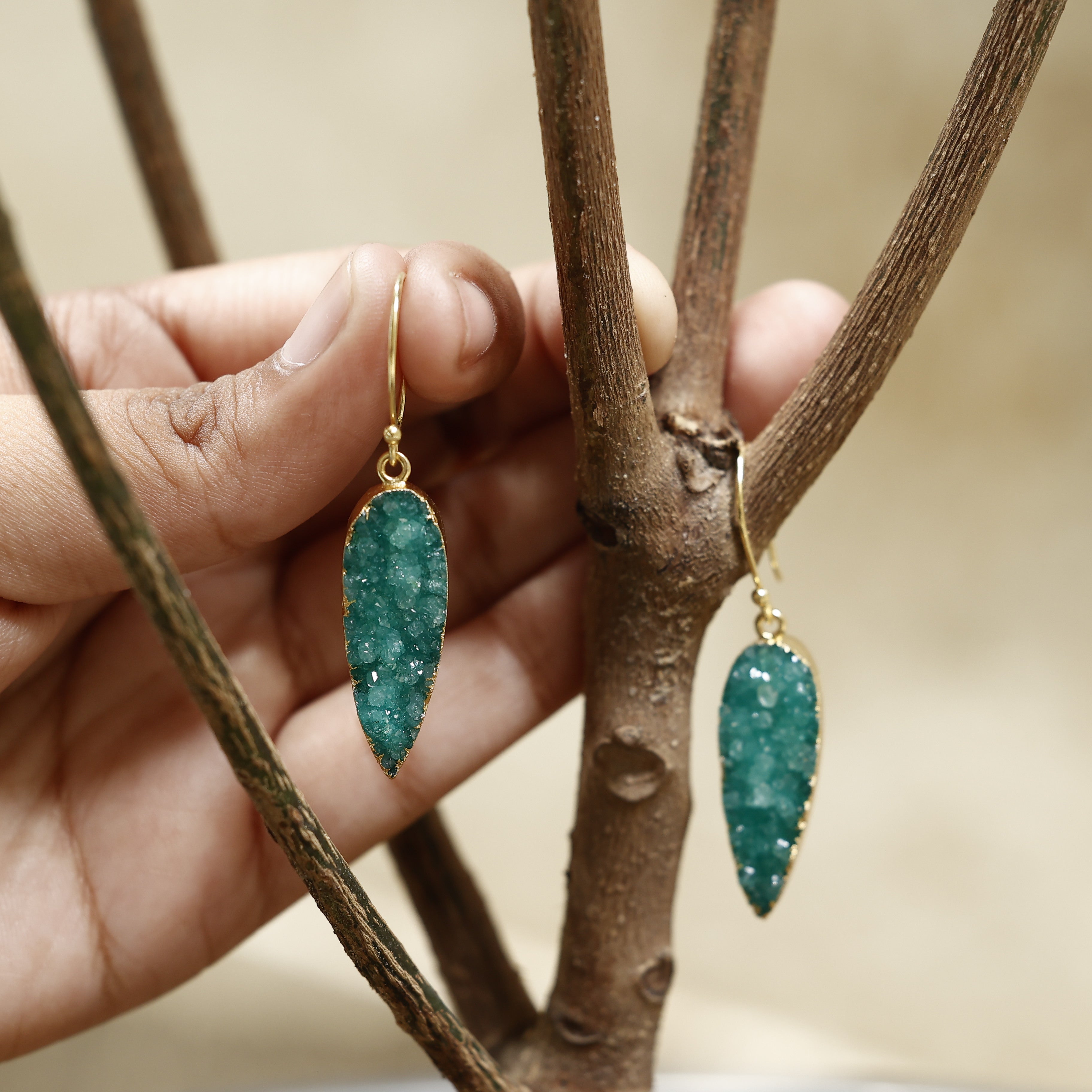 Natural Green Druzy Stone Drop Earrings | Handmade Gold Plated Boho Jewelry for Women Meena Design