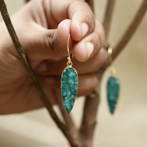 Natural Green Druzy Stone Drop Earrings | Handmade Gold Plated Boho Jewelry for Women Meena Design